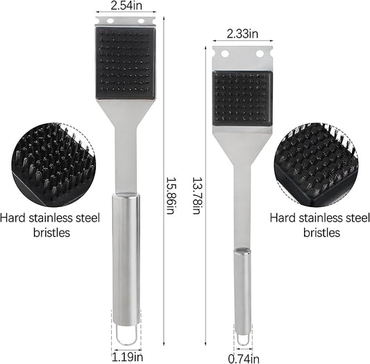 2 Pack Grill Brush and Scraper, 16" & 14" Stainless Steel Handle BBQ Cleaner - Heavy Duty Grate Cleaning Tool for Outdoor BBQ, Cookout, Gas/Charcoal Grills
