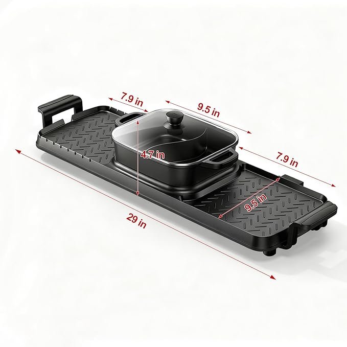 2250W Electric Grill and Hot Pot Combo, 29 x 9.5 Inch Smokeless Indoor BBQ Grill with Easy to Clean, Dual Zone Temperature Control, Includes Food Tongs, Oil Brush, Soup Spoon, Strainer Black