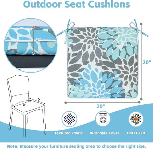 COZYVIDA Outdoor Chair Cushions Set of 4, 20"x20" Square Seat Pads with Tie Straps and YKK Zippers, 30D High-Density Foam, Water-Resistant Fabric,UV-Resistant 1000+ Hrs