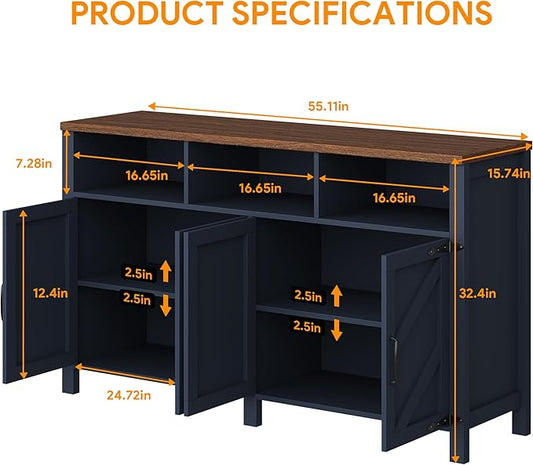 knoworld Buffet Sideboard with Storage Farmhouse with 4 Doors, 55'' Large Kitchen Storage Cabinet Wood Coffee Bar Buffet Table for Kitchen, Dining Room (Blue, 55 in)