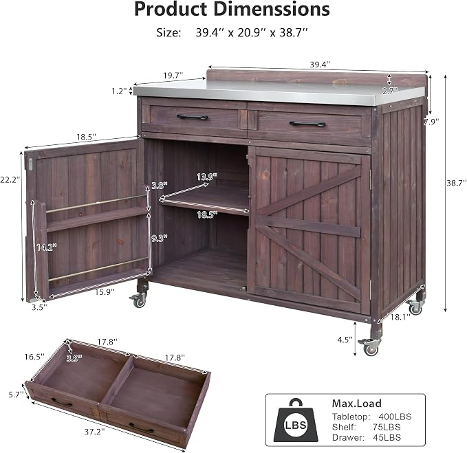 Merax Farmhouse 39.4" Grill Cart with Drawer, Storage Cabinet and Stainless Steel Top, Outdoor Grill Station w/Internal Racks & Lockable Wheels, Modular Kitchen Island for Food Prep & BBQ, Dark Brown