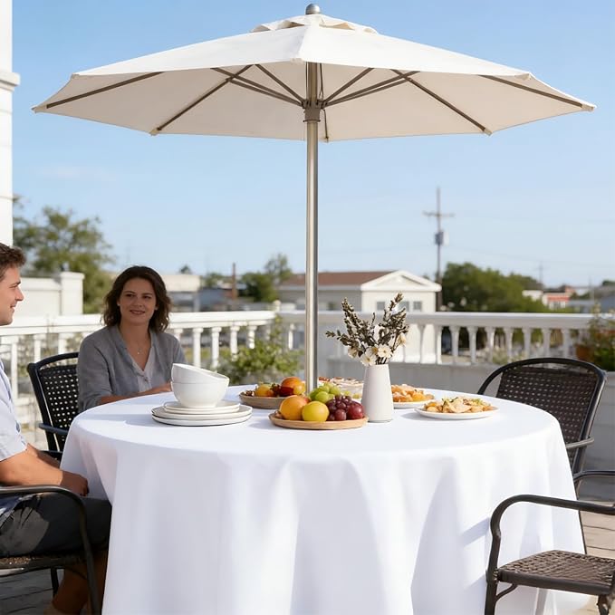 LUSHVIDA Round Outdoor Tablecloth with Umbrella Hole and Zipper, 70 Inch White, Washable Waterproof Table Cloth Spill Proof Wrinkle Free Table Cover for Patio Spring Summer Picnic BBQS