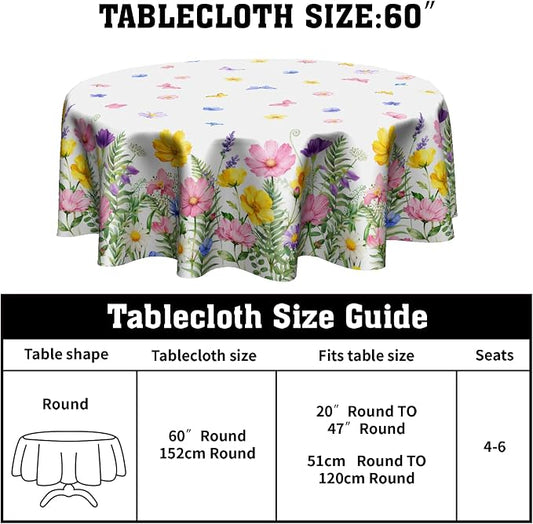 Sweetshow Spring Summer Colorful Floral Table Cloth Round Yellow Pink Purple Wildflowers Butterflies Tablecloth 70 Inch Decor Washable Stain and Wrinkle Spring Round Table Cover for Dining Picnic