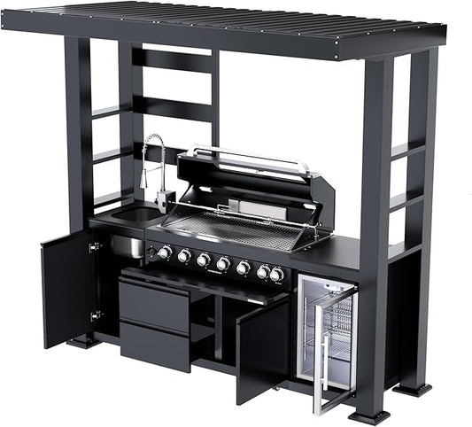 94-Inch 6-Burner 85000 BTU Stainless Steel Propane Gas Grill Outdoor Kitchen Island with Canopy,684Sq.In Cooking Area,Wine Cooler,Refrigerator,Rotisserie,For Backyard BBQ,Black