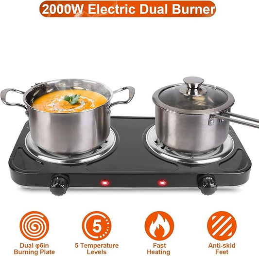 KOCASO 2000W Dual Burner Portable Electric Hot Plate with Coil Heating Elements, 5 Temperature Settings (302℉-1022℉), Non-Slip Rubber Feet for Countertop, RV, Dorm & Apartment Use