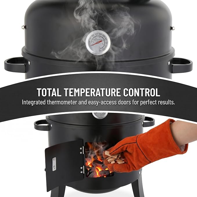 Vertical Charcoal Grill & Smoker for Backyard BBQ, Outdoor Cooking with Chimney and Powder-Coated Iron, Compact Barrel-Style Design, Black