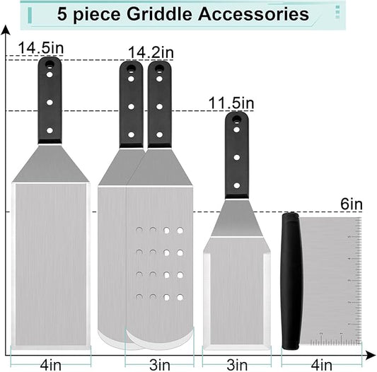 HaSteeL Metal Spatula Set of 5, Stainless Steel Grill Spatula & Griddle Scraper - Multipurpose Griddle Accessories for BBQ Hibachi Teppanyaki Flat Top Cooking, Riveted Handle & Dishwasher Safe