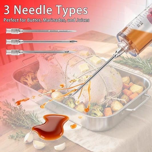 Meat Butter Injector Syringe, 1-oz Plastic Marinade Turkey Injector Kit, with 3 Stainless Steel Meat Needles, 1 Cleaning Brush and Replacement O Ring, Dual Scale (ml/oz), for Turkey, BBQ Grill Smoker