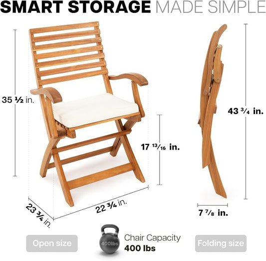 IDZO Patio Chairs Set of 2, Upgraded Wood Folding Armchairs with Comfortable Cushions, FSC-Certified Acacia, 450lbs Capacity, Fully Assembled, Foldable, Space-Saving Design, Ideal for Outdoor Use