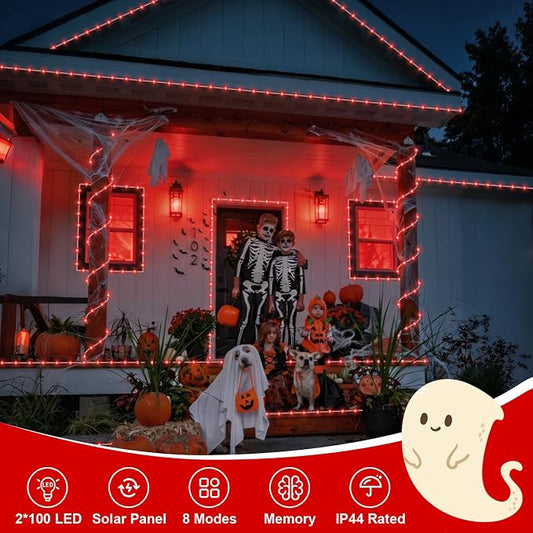 QITONG Red Solar Halloween Lights Outdoor Waterproof, 2 Pack Each 33ft 100 LED Rope Lights, Fairy Lights in Clear Thin Tube with 8 Modes