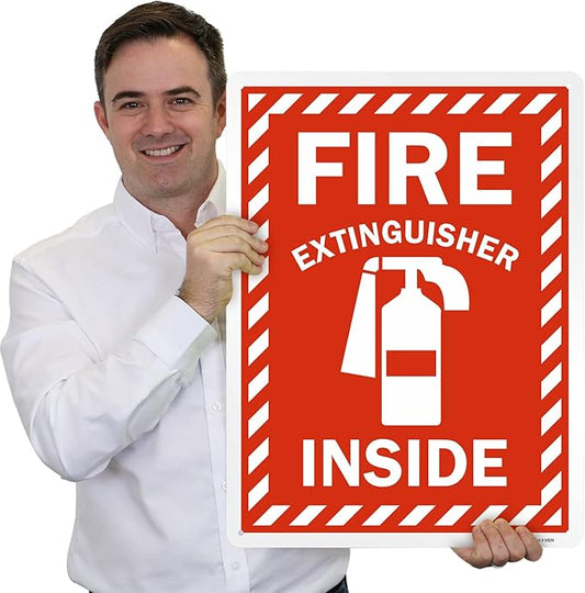 SmartSign 24 x 18 inch โFire Extinguisher Insideโ Metal Sign with Pre-cleared Holes, 80 mil Laminated Rustproof Aluminum, Red and white, Made in USA