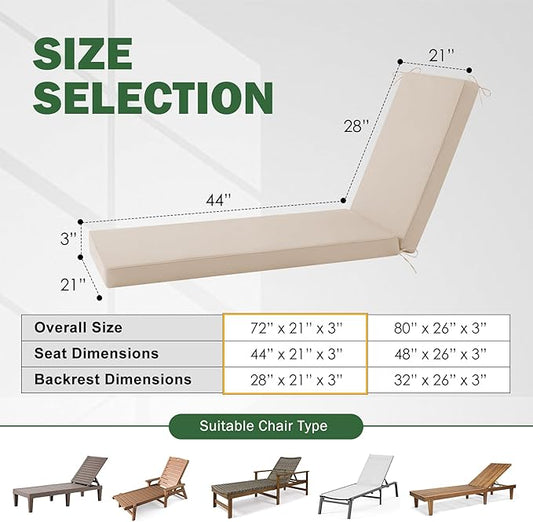 2 Pcs Chaise Lounge Cushions Outdoor Set of 2, 72x 21x 3 Inch Waterproof & Fade-Resistant Lounge Chair Cushion, Outdoor Chaise Cushion with Ties for Lawn, Patio, Pool & Beach, Beige