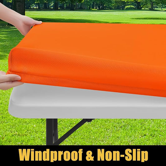 Smiry Rectangle Picnic Table Cloth, Waterproof Elastic Fitted Tablecloths for 6 Foot Tables, Washable Polyester Table Cover for Camping, Indoor and Outdoor (Orange, 30"x72")