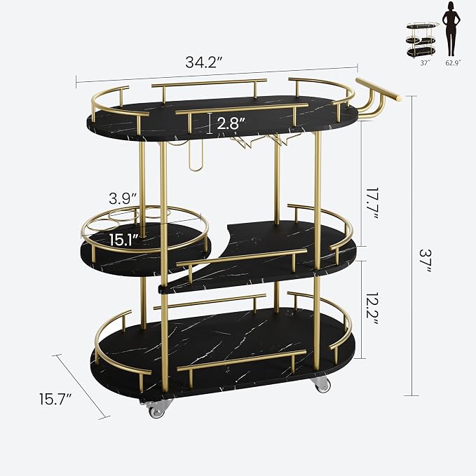 Garvee Bar Serving Cart with Wine Rack and Glass Holder, 3-Tier Rolling Serving Cart with 4 Wheels, Small Serving Table for Living Room, Kitchen, Dining Room, Gold+Black