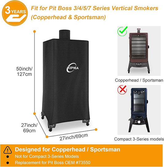 Kipiea 600D Heavy Duty Vertical Smoker Cover for Pit Boss 3/4 / 5/7 Series, Waterproof Pellet Grill Cover with Windproof Buckles, UV Resistant, No Tear, No Fading