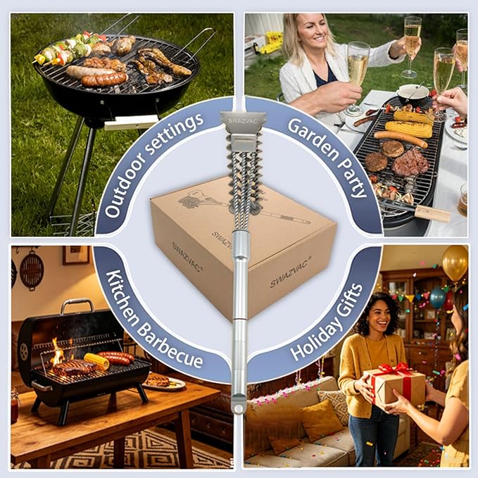 Stainless Steel BBQ Grill Brush 2.8inch with Detachable Aluminum Handle The Combination of the Coiled Wire Brush and the Sturdy Scraper, Bristle Free Detachable Design for Easy Storage
