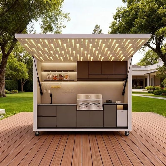 Modern Outdoor Kitchen with Automatic Hydraulic Canopy - Integrated LED Lighting - Premium Prefab BBQ Island with Custom Specs