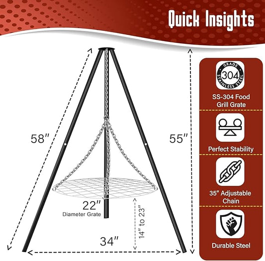 FEBTECH - 55" Steel Tripod Grilling Set - Camping Accessories For BBQ Grill Cooking - Camping Charcoal Grills Grate - Campfire Grill Grate Over Fire Pit with Tripod Stand