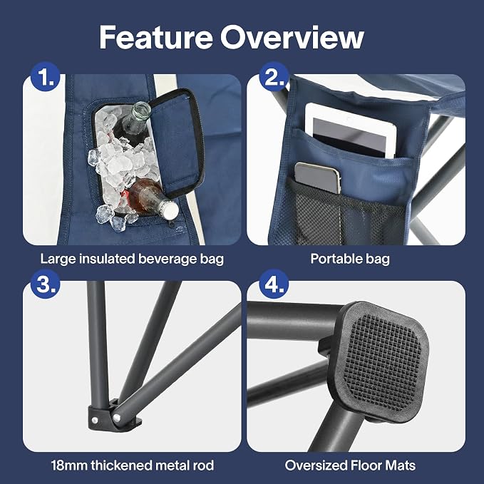 Alvantor 2PC Heavy Duty Folding Camping Chair, 500 LBS Oversized Outdoor Chair with Padded 600D Nylon Seat, Insulated Cooler Pocket, Portable for Hiking, Sports, Backyard
