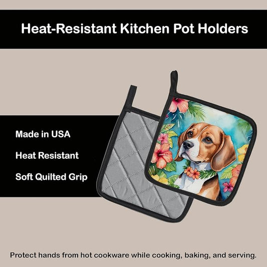 Caroline's Treasures Beagle Luau Pair of Pot Holders Kitchen Heat Resistant Pot Holders Sets Oven Hot Pads for Cooking Baking BBQ, 7 1/2 x 7 1/2
