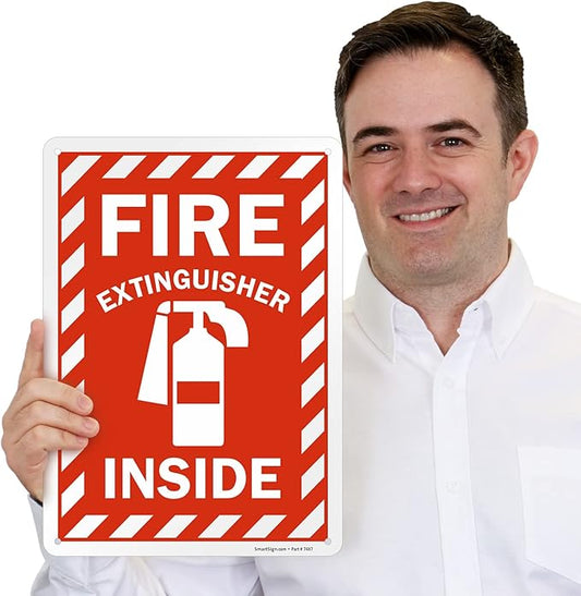 SmartSign 14 x 10 inch โFire Extinguisher Insideโ Metal Sign with Pre-cleared Holes, 40 mil Laminated Rustproof Aluminum, Red and white, Made in USA