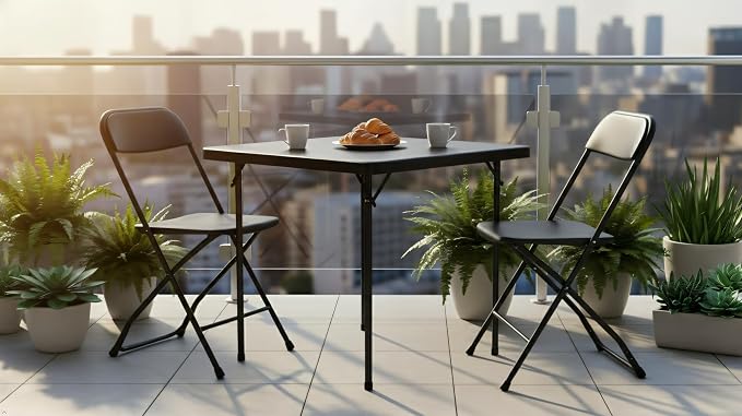 3 Piece Folding Card Table Portable and Chair Set, 34" Square Black Bi-Fold Table 2 Adult Chairs for Board Games Nights Gatherings Party Home Indoor Outdoor Lightweight