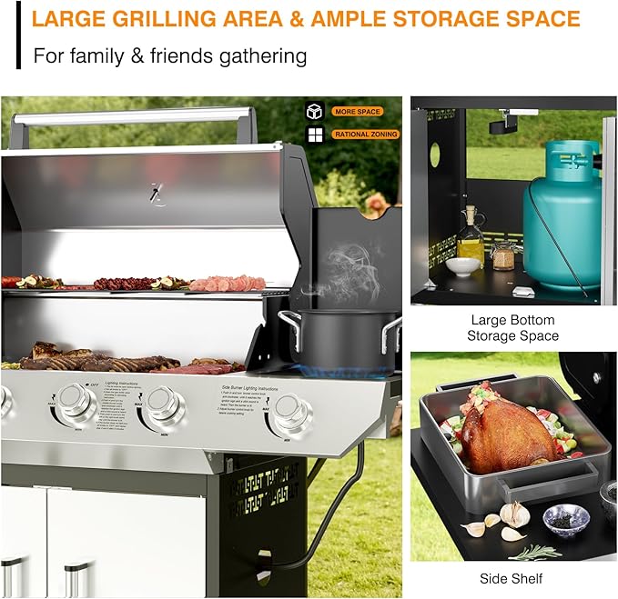 4-Burner Propane Gas Grill with Side Burner, 60,000 BTUs Output Stainless Steel Propane Grill for Outdoor Cooking and Patio Barbecues