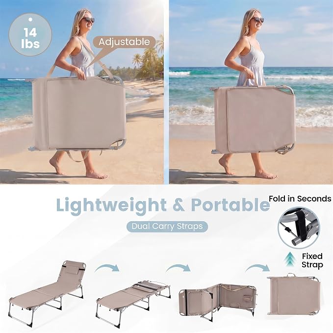 Goplus Tanning Chair with Face Arm Holes, Portable Sunbathing Chair with 4-Level Backrest & Head Pillow, Patio Lay Flat Folding Chaise Lounge with Side Pocket & Shoulder Strap for Poolside, Beach