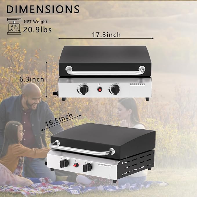 SKOK 2 Burner Gas Griddle with Hood- 17 Inch Outdoor Propane Griddle-30000 BTU Propane Fuelled, Portable Flat Top Gas Grill Camping Griddle with Lid for Kitchen, Outdoor BBQ, Camping