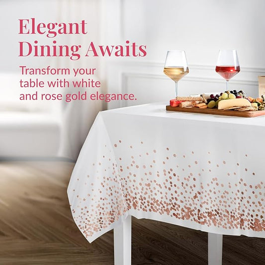 Prestee Rose Gold Plastic Table Cloth Disposable, 4 Pack - 54x108 Inch Rectangle Tablecloths for Wedding and Party - Heavy-Duty, Waterproof Table Covers - Pink and Gold, for Birthday or Fine Dining