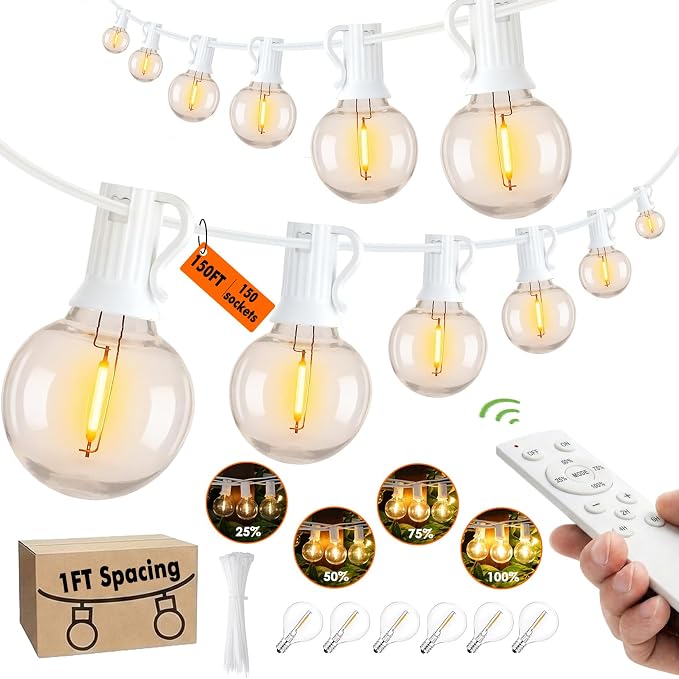 G40 Outdoor String Lights 150FT with 150+6 Bulbs,Remote & Dimmer Included | 1FT spacing,Patio Lights with 3 Light Modes & Timing, Outdoor lights for bistro Backyard Gazebo Pergola Wedding Café