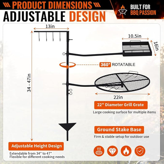 22" and 16"x10.5" Fire Pit Campfire Grill Grate Foldable Round and Rectangular Grill Grate Open Fire Cooking Portable Camping Barbecue Rack Heavy-duty Easy Setup & Adjustable Height for BBQ