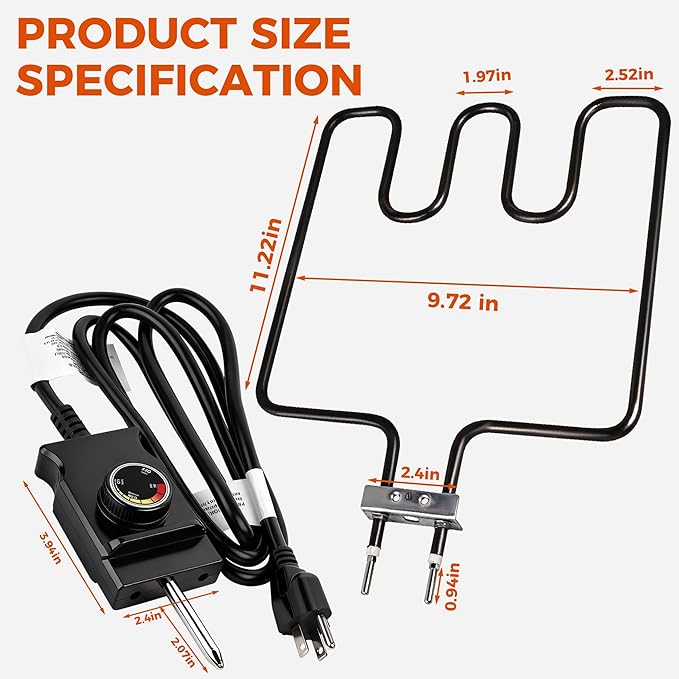 1500 Watt Heating Element 50°F To 450°F For Masterbuilt Electric Smoker and Grill,With Adjustable Thermostat Cord Controller and Stainless steel connection box By Romalon