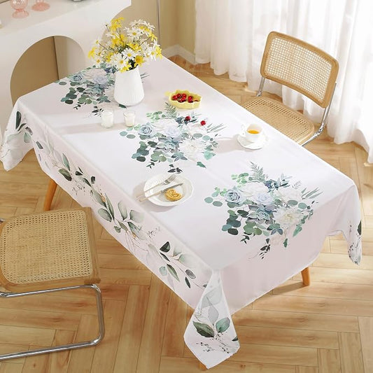 SASTYBALE Eucalyptus Floral Tablecloth 60x102 Inch Rectangular | Washable, Spillproof, Wrinkle-Free Fabric Table Cloth for Spring Summer Indoor Outdoor Kitchen, Dining, Garden Decor