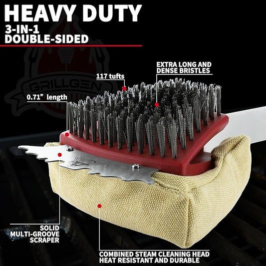 GRILLGEN Grill Brush and Scraper -Heavy Duty Double-Sided with Steam Cleaner Head for Porcelain,Cast Iron, Stainless Steel Grates, Outdoor BBQ Grill Cleaner Accessories
