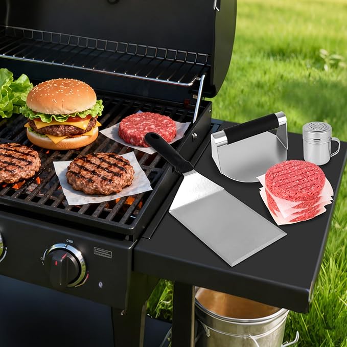 Flattened Burger Press Smash Kit, Includes Stainless Steel Smasher Plate Grill Spatula Seasoning Shaker & Hamburger Patty Papers Griddle Accessories Tools for Flat Top Grill BBQ & Outdoor Cooking