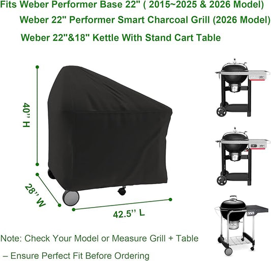 Grill Cover Fits Weber Performer Base 22" Charcoal Grills & 22" Performer Smart Charcoal Grill, Compared to Weber 7151,Outdoor Waterproof BBQ Cover 42.5"" W x 28"" D x 40"" H