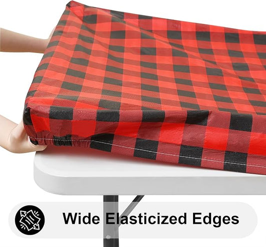 Smiry Rectangle Picnic Table Cloth, Elastic Waterproof Fitted Vinyl Tablecloths, Flannel Backed Buffalo Plaid Table Covers for Dining, Camping, Outdoor (Black and Red, 30" x 96")