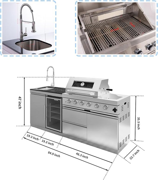 85" Modular Outdoor Kitchen Island with Grill and Side Burner, 4-Burner 72,000 BTU Propane BBQ Island, Refrigerator, Sink & Rotisserie, for Backyard and Patio Cooking, Silver