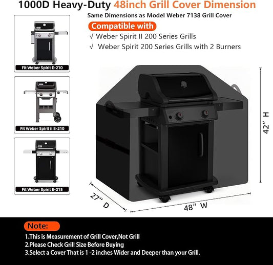 48" BBQ Grill Cover for Outdoor Grill 1000D Heavy Duty Waterproof | Fits Weber Spirit and Spirit II 200 Series Gas Grills, Tear & Fade Resistant 7138 Grill Cover with Buckles, Air Vents, Handle