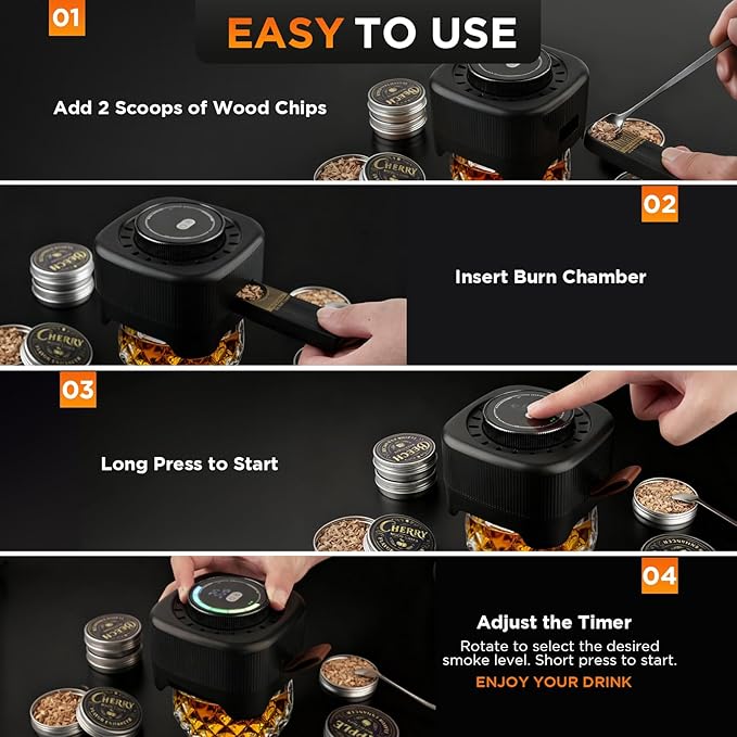 Electric Whiskey Smoker Kit with 0-60s Adjustable Timer, No Butane Needed, Cocktail Bourbon Drink Smoker Infuser Kit Smoke Whisky Set with 6 Wood Chips Flavors, Birthday Gifts for Men, Dad, Husband