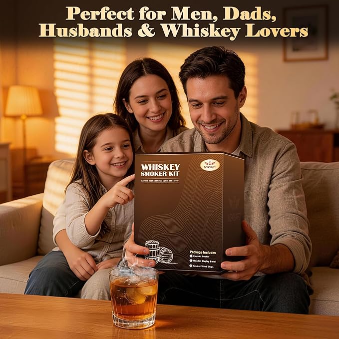 Electric Whiskey Smoker Kit with Charred Wooden Case(Patent Pending), Rechargeable Cocktail Smoker Kit with 8 Flavors Wood Chips, Old Fashioned Smoker, Bourbon Gifts for Men, Dad (No Butane Needed)