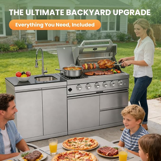 79" Modular Outdoor Kitchen with 4 Burners 72,000 BTU Natural Gas Grill,Rotisserie Oven,Side Burner,Sink & Marble Countertop.Gas Grill for Backyard and Patio.(Natural Gas)