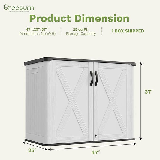 Greesum Outdoor Storage Cabinet, 25 CUFT Deck Box Without Shelves, Waterproof Plastic Storage Shed for Patio Cushions, Gardening Tools, Lockable and Sidehandles, UV Resistant, White