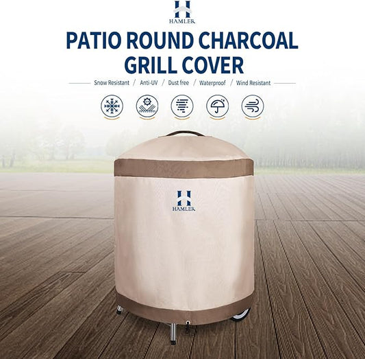 HAMLER Round Barbecue Cover, 21 Inch Small Smoker Cover, Heavy Duty Waterproof Outdoor Grill Cover Fits Weber, Charcoal Kettle, Masterbuilt, Dyna-Glo, Brown & Beige