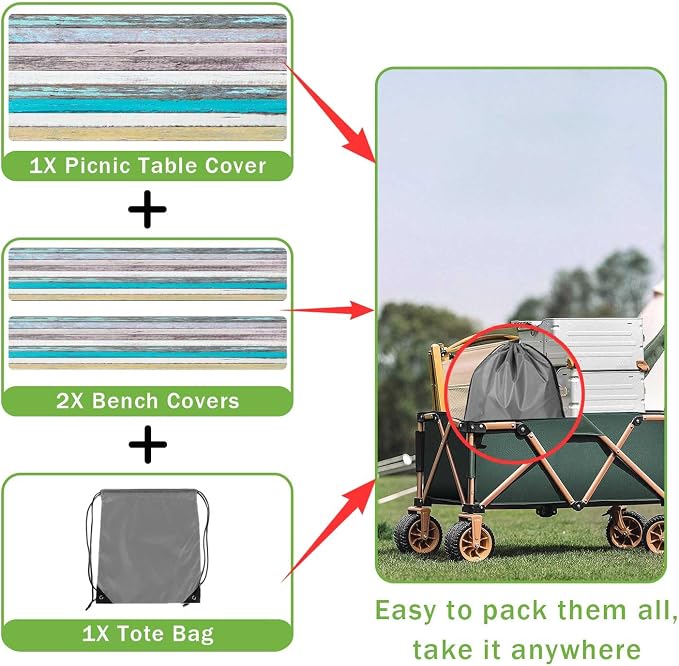 JAWO Rustic Farmhouse Country Wood Picnic Table Cover with Bench Covers, Camper RV Essentials Gear Supplies Outdoor Waterproof Windproof Tablecloth with Elastic, 30X96in