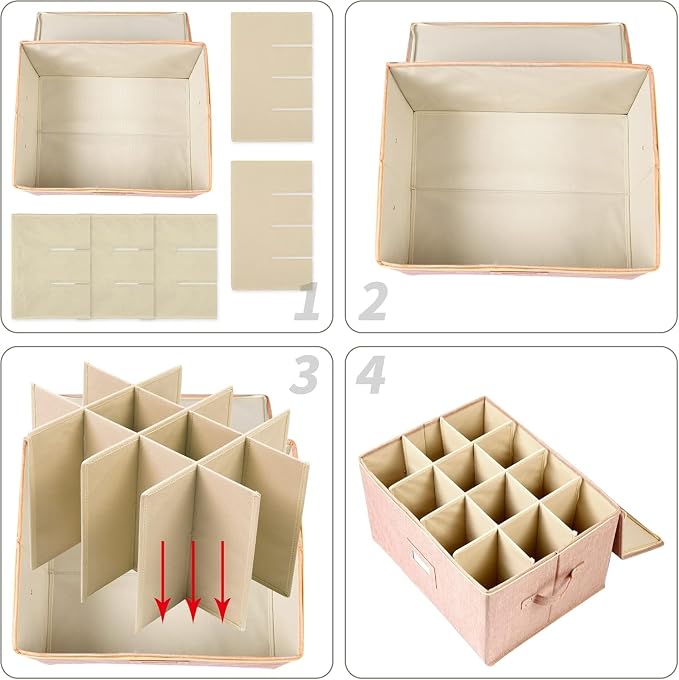 Wine Glass Storage Box, Stemware Storage Containers Cases with Dividers | Glassware Storage Containers Holds 24 Red or White Wine Glasses, Hard Top and Sides (2 Pack Beige)