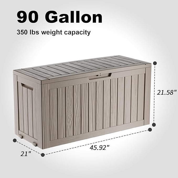 ROJIK 90 Gallon Deck Box Outdoor, Waterproof Outdoor Storage Boxes with Lids, Outside Resin Lockable Storage Box for Patio Cushions, Garden Tools(Grey)