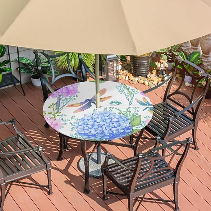Fitted Round Tablecloth with Umbrella Hole and Zipper Flowers Hydrangeas Outdoor Elastic Table Cloth 36"-44" Oil-Proof Waterproof Dragonflies Patio Table Cover for Picnic Party