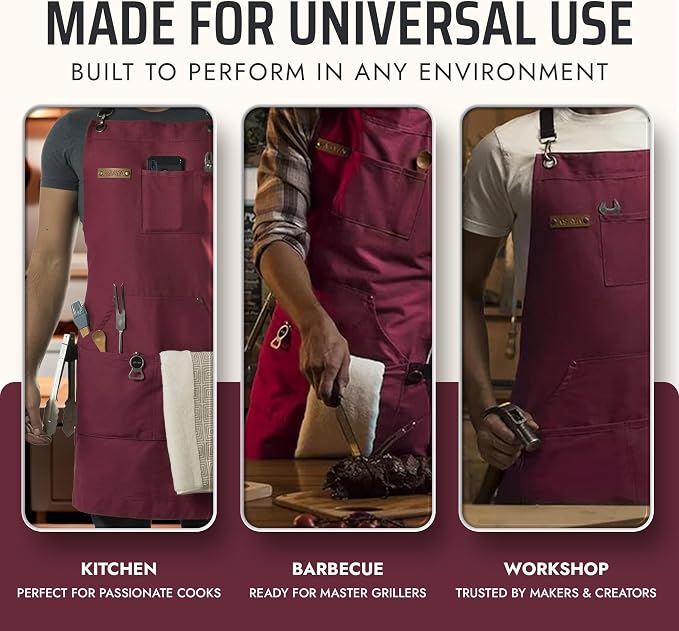 Asaya Chef and BBQ Apron with Bottle Opener and Hand Towel - 10oz Cotton Canvas, Stainless Steel Hardware - Cross Back Straps